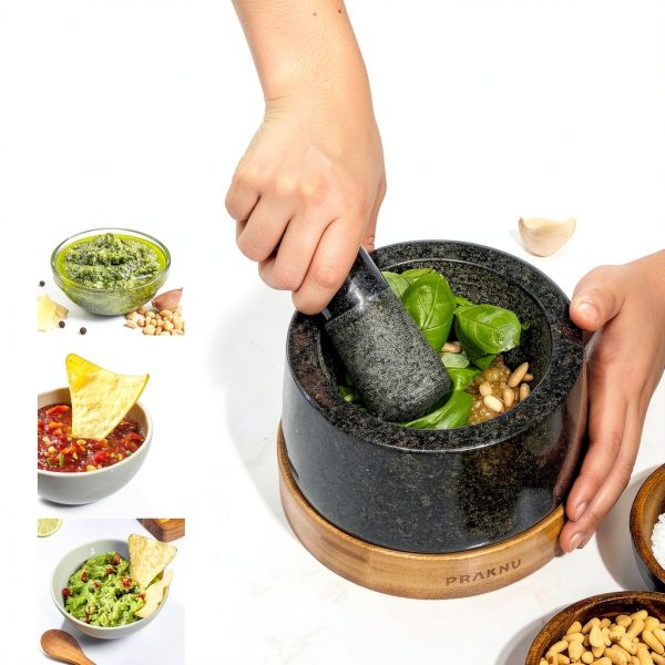Mortar and Pestle Set Large 2 Cup - Heavy-Duty Stone Grinder for Spices & Herbs - Durable Granite Molcajete - Guacamole Bowl with Non-Slip Wooden Base - Effortless Grinding & Easy to Clean-1