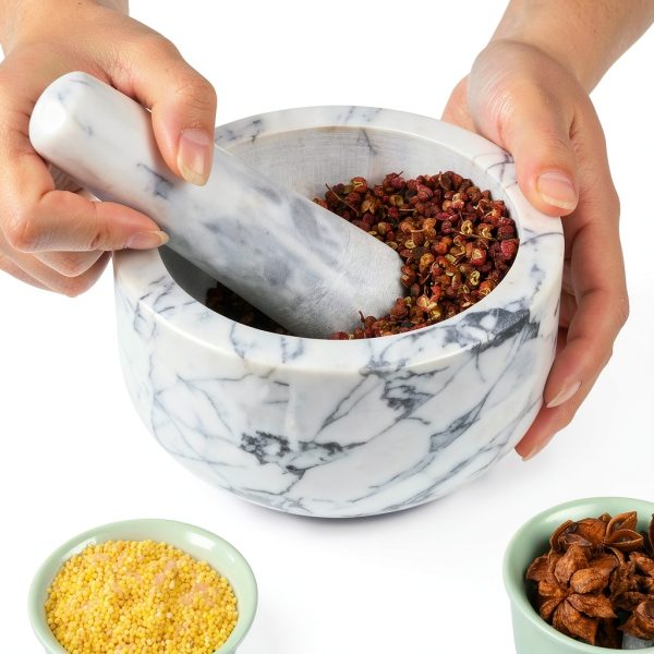 Aisiming Marble Mortar & Pestle Set Large White Gray with Silicone Pad-5