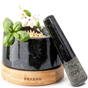 Mortar and Pestle Set Large 2 Cup - Heavy-Duty Stone Grinder for Spices & Herbs - Durable Granite Molcajete - Guacamole Bowl with Non-Slip Wooden Base - Effortless Grinding & Easy to Clean-0