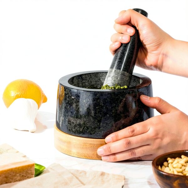 Mortar and Pestle Set Large 2 Cup - Heavy-Duty Stone Grinder for Spices & Herbs - Durable Granite Molcajete - Guacamole Bowl with Non-Slip Wooden Base - Effortless Grinding & Easy to Clean-4