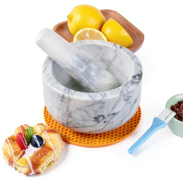 Aisiming Marble Mortar & Pestle Set Large White Gray with Silicone Pad-3