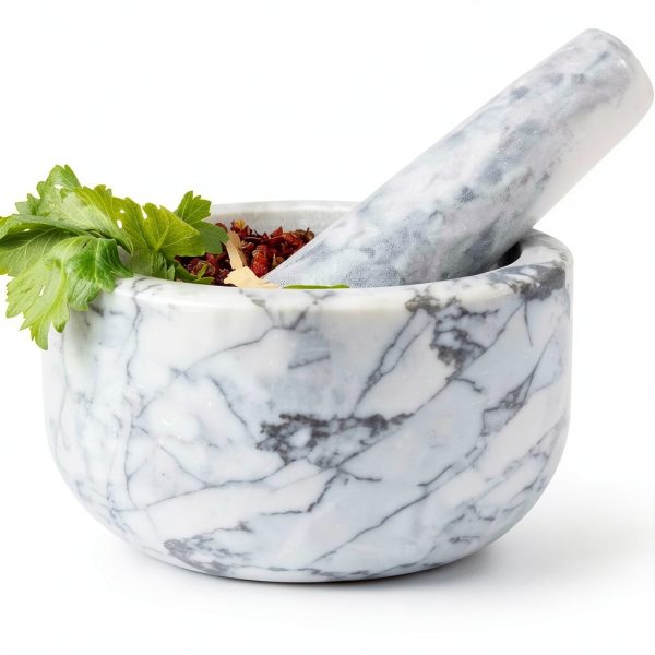 Aisiming Marble Mortar & Pestle Set Large White Gray with Silicone Pad-0