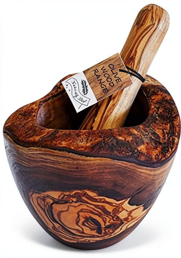 Naturally Med - Olive Wood Rustic Mortar and Pestle - 4.7 inch. for Grinding Spices, Salsa, Herbs etc. Durable, Hardwearing. Handcrafted Tunisian Olive Wood.-0