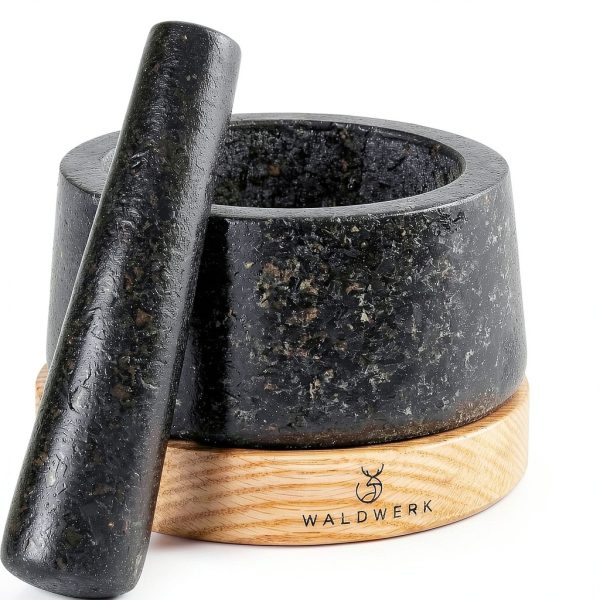 WALDWERK Mortar and Pestle - Mortar and Pestle Set with Anti-Scratch Oak Wood Base - Mortar with Extra Large Pestle Made of Natural Granite - Large Mortar and Pestle - Ideal for Guacamole-0