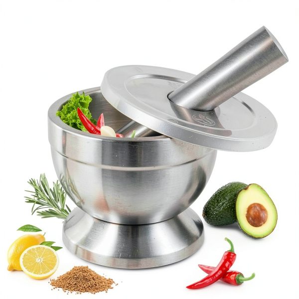 Stainless Steel Mortar and Pestle Set pwkauka 18/8 Non‑Slip Base-0