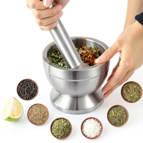 Stainless Steel Mortar and Pestle Set pwkauka 18/8 Non‑Slip Base-4